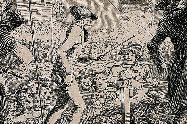 George Wilson, shown walking on a road lined with people, 1815.