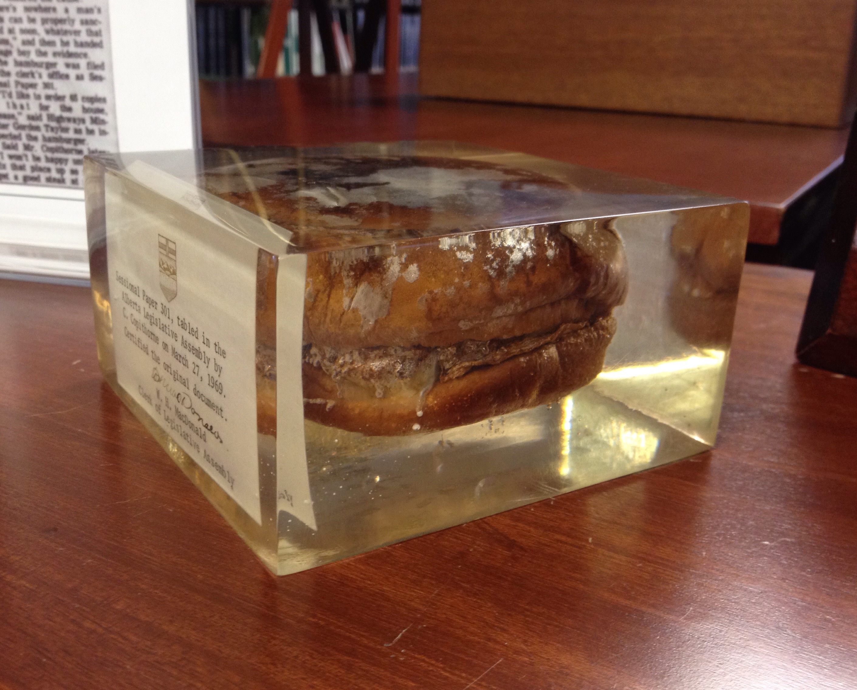 A burger from 1969, encased in plastic.
