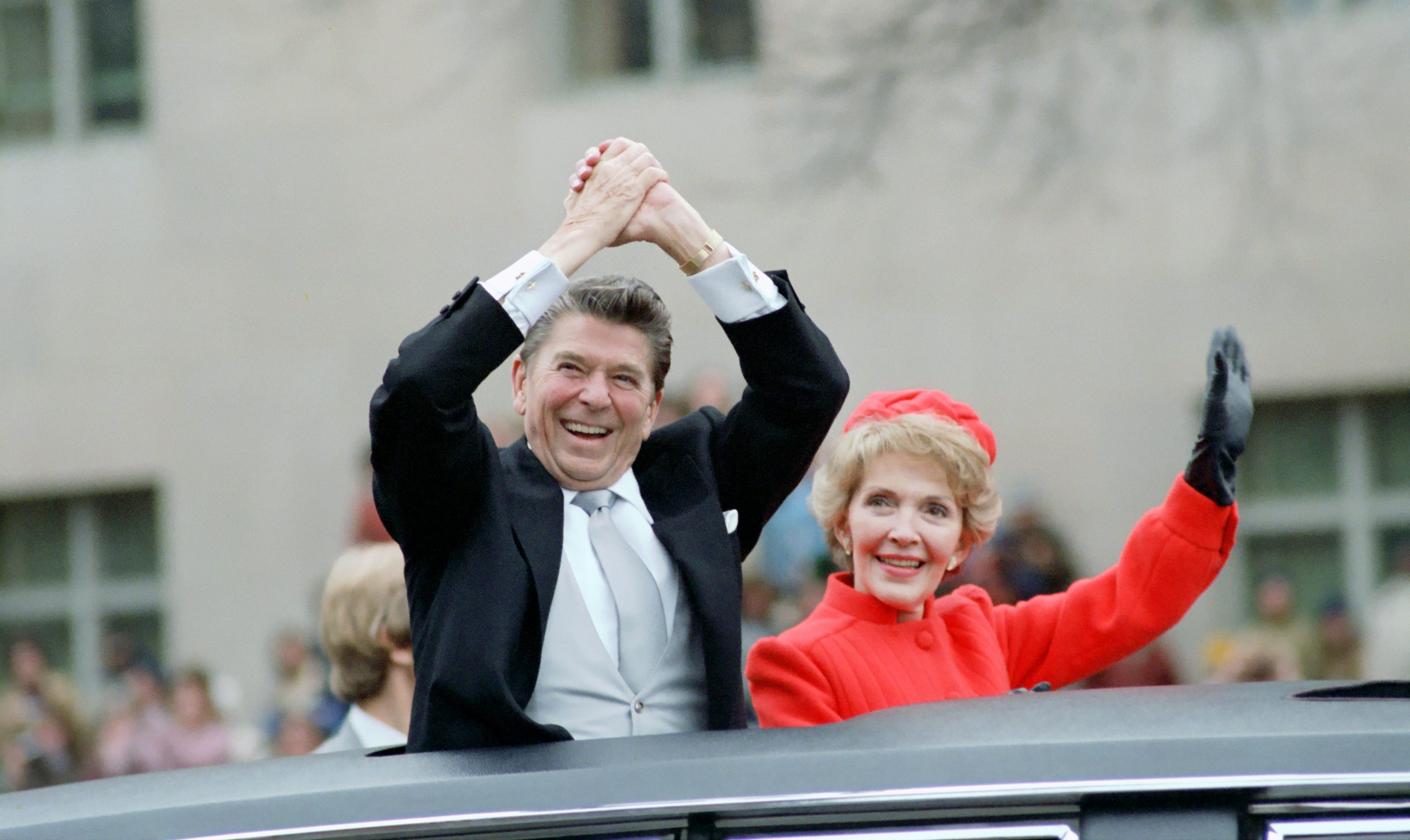 President Ronald Reagan, a former movie actor, at the 1981 Inaugural Parade. 