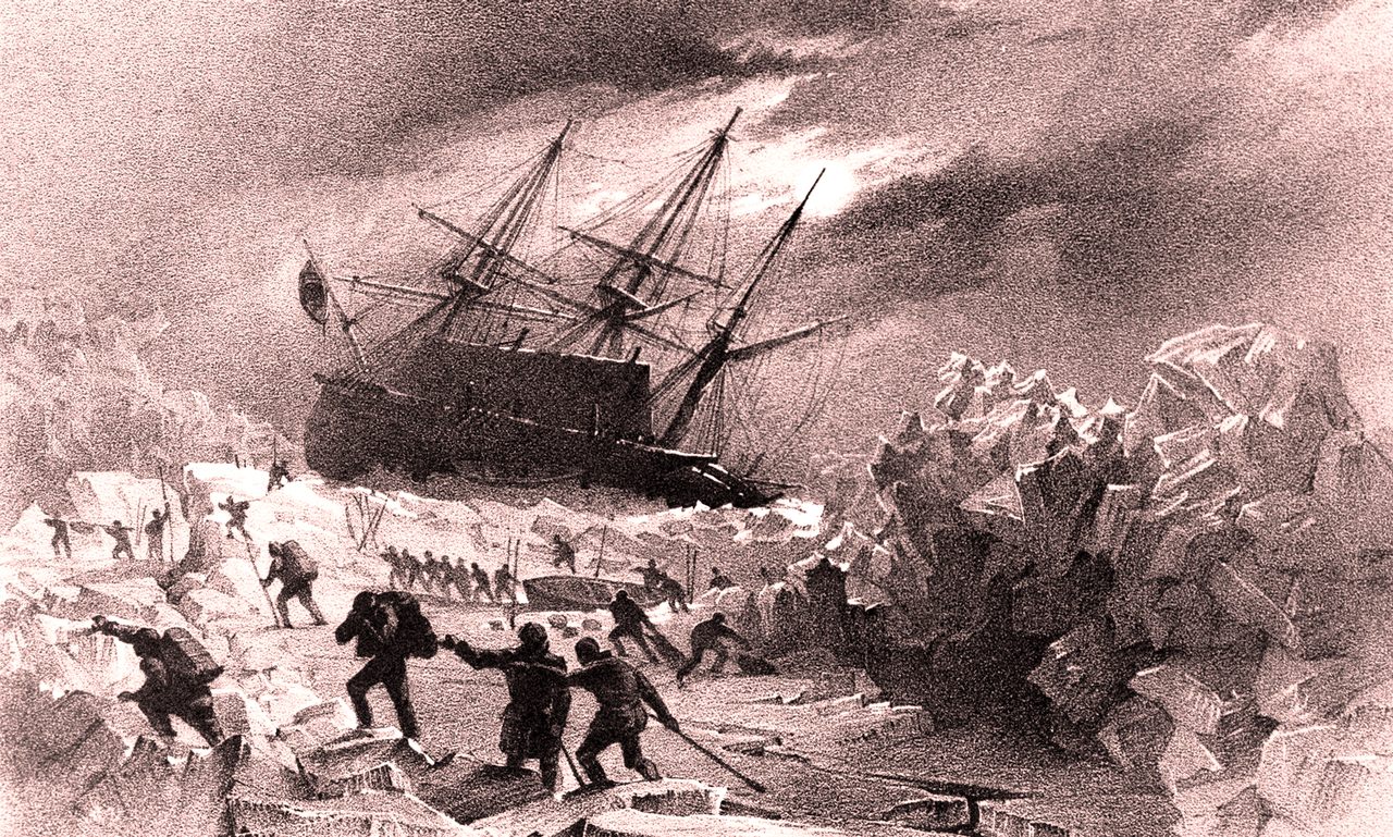 HMS <em>Terror</em>, depicted here in an anonymous drawing, and HMS <em>Erebus</em> were locked in ice for over a year. All hands were lost. 