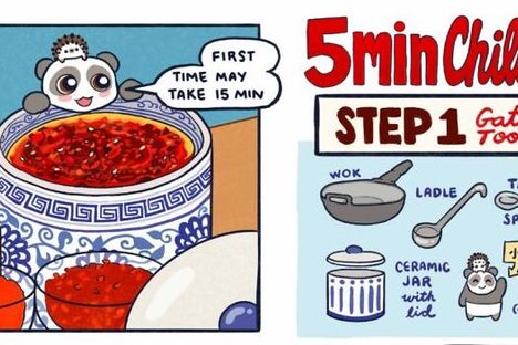 Linda Yi's Panda Cub Stories comics feature a panda and a cat who offer Sichuanese cooking instructions.