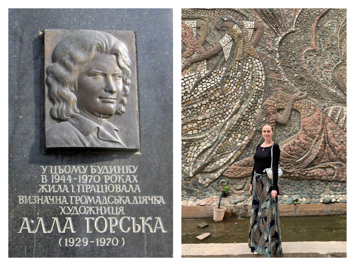 A memorial to artist Alla Horska, whose egalitarian spirit animated Izolyatsia, a nonprofit that aims to create systemic changes in Ukraine via cultural initiatives (left); Lubava Illyenko, a Russian-born art historian working to preserve Ukraine's Soviet-era mosaics, stands in front of one such artwork.