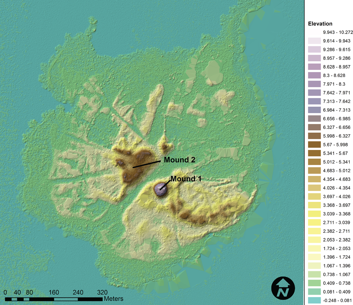 A digital elevation map of Mound Key shows both land features and a network of canals, all engineered and constructed by the Calusa centuries ago.