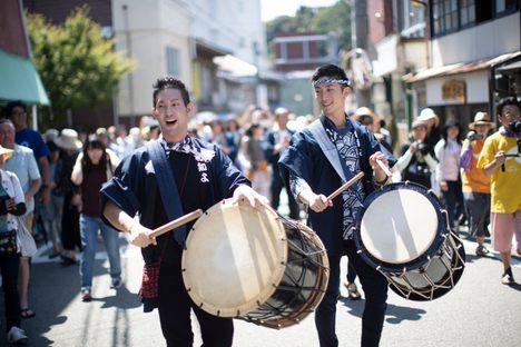 Drummers parading down the streets in Sado.