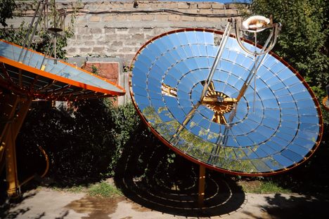 The satellite dish in action on a sunny day.

