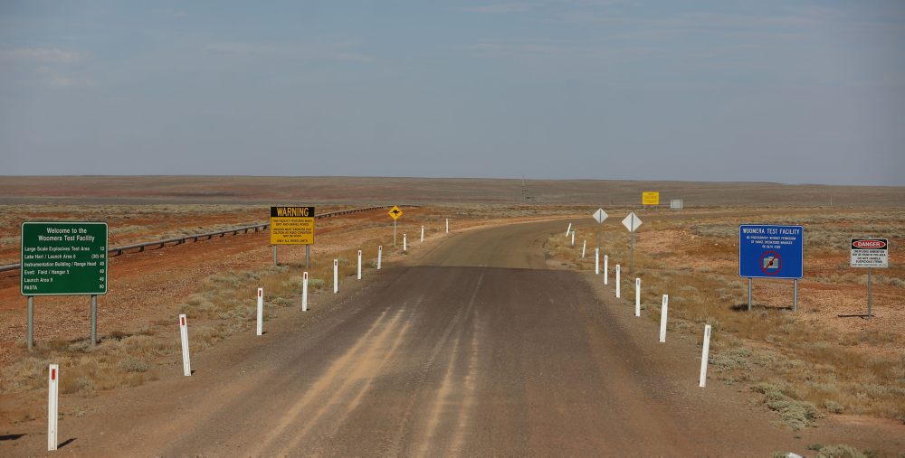 Warning signs at the entrance of the Woomera test facility. 