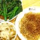 Bamboo pole noodles, wonton soup, and gai lan greens.
