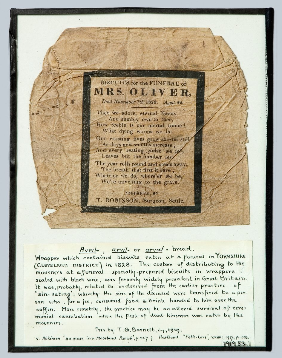 Many funeral biscuit wrappers—like this one, from a funeral in Yorkshire in 1828—held verse that reminded readers of their own mortality.