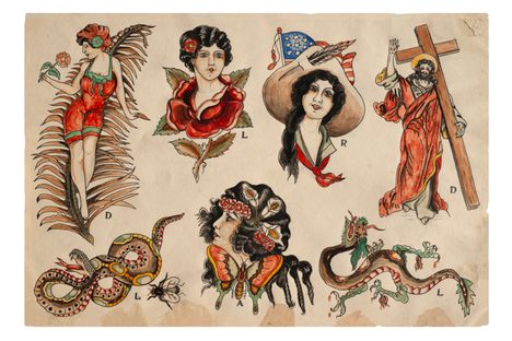 Tattoo designs of Lena Liberty by Ed Liberty, Boston, ca. 1935. 

