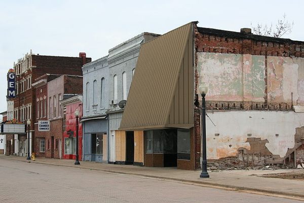Part of abandoned historic downtown Cairo, Illinois.