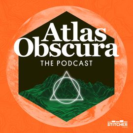 Atlas Obscura podcast logo depicting a topographic neon green mountain range with a triangle and circle superimposed on top.