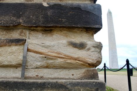 A sandstone gatepost siting in the shadow of the Washington Monument is one stop on the walking tour.