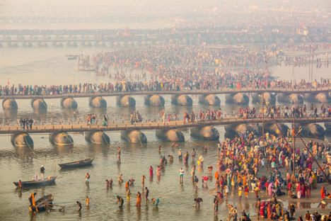 Crowded pontoon bridges during the Kumbh Mela