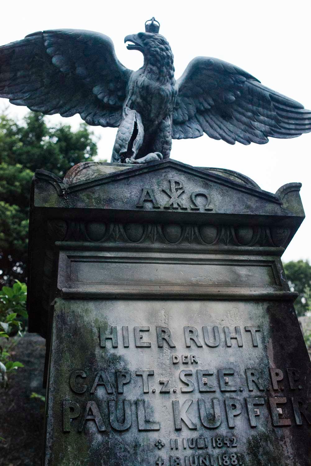 The grave of a Paul Kupfer, captain of the steam ship Freya. The captain died of a heart attack in 1881, at the age of 39. Victorians in Hong Kong frequently had short lifespans.