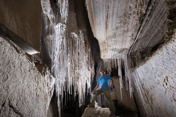 Geologist and guide Lior Enmar among Malcham's delicate salt structures. 
