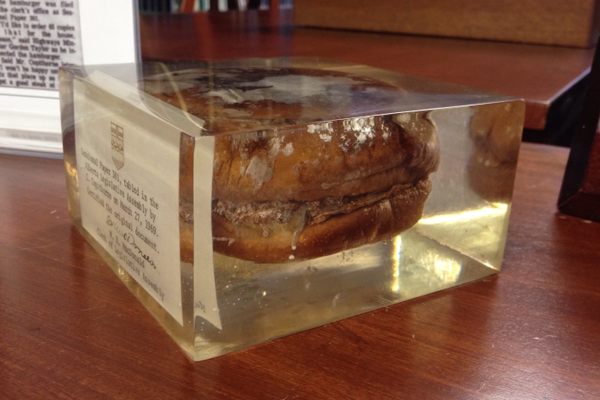 A burger from 1969, encased in plastic. 