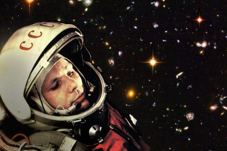 A composite image showing Yuri Gagarin, the first man in space, against a Hubble telescope capture. Gagarin flew on a Vostok spacecraft, of which Sputnik IV was the first. 