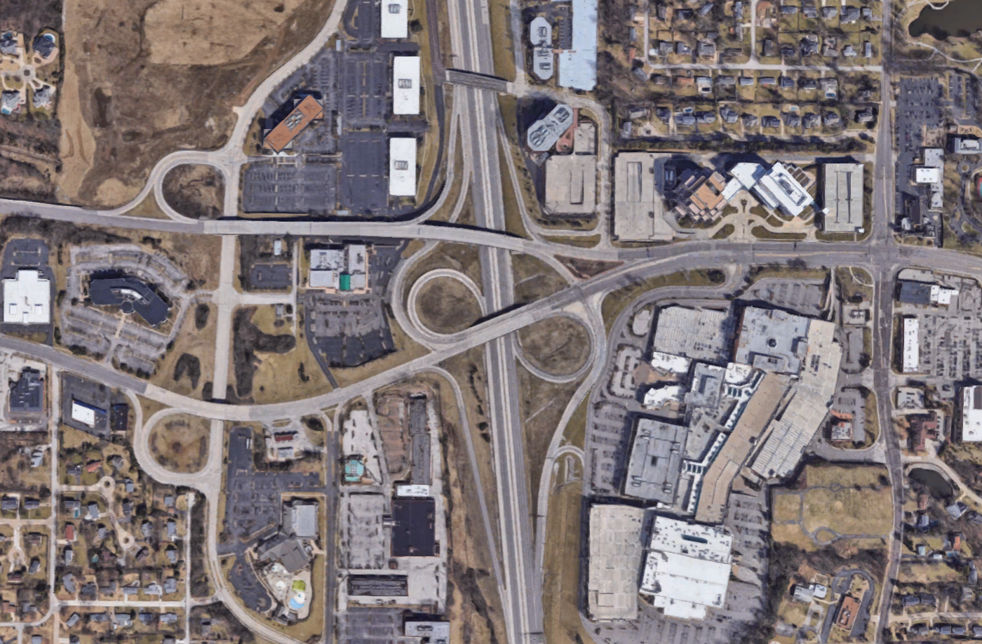 A satellite view of the pickle jar's home, an off-ramp that leads from I-270 North to Manchester Road.