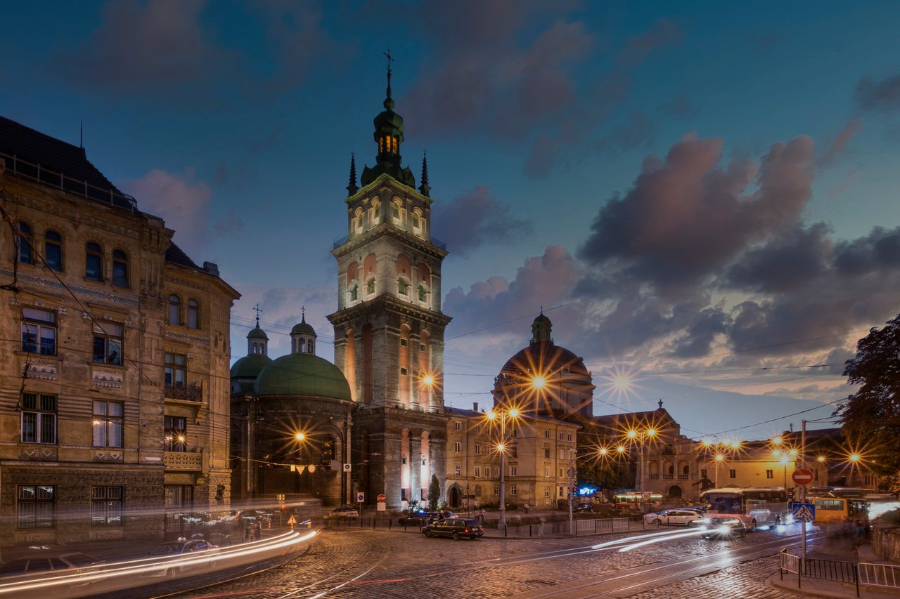 The 14th-century Cathedral Basilica of the Assumption is at the heart of Lviv's Old Town, a UNESCO World Heritage site.