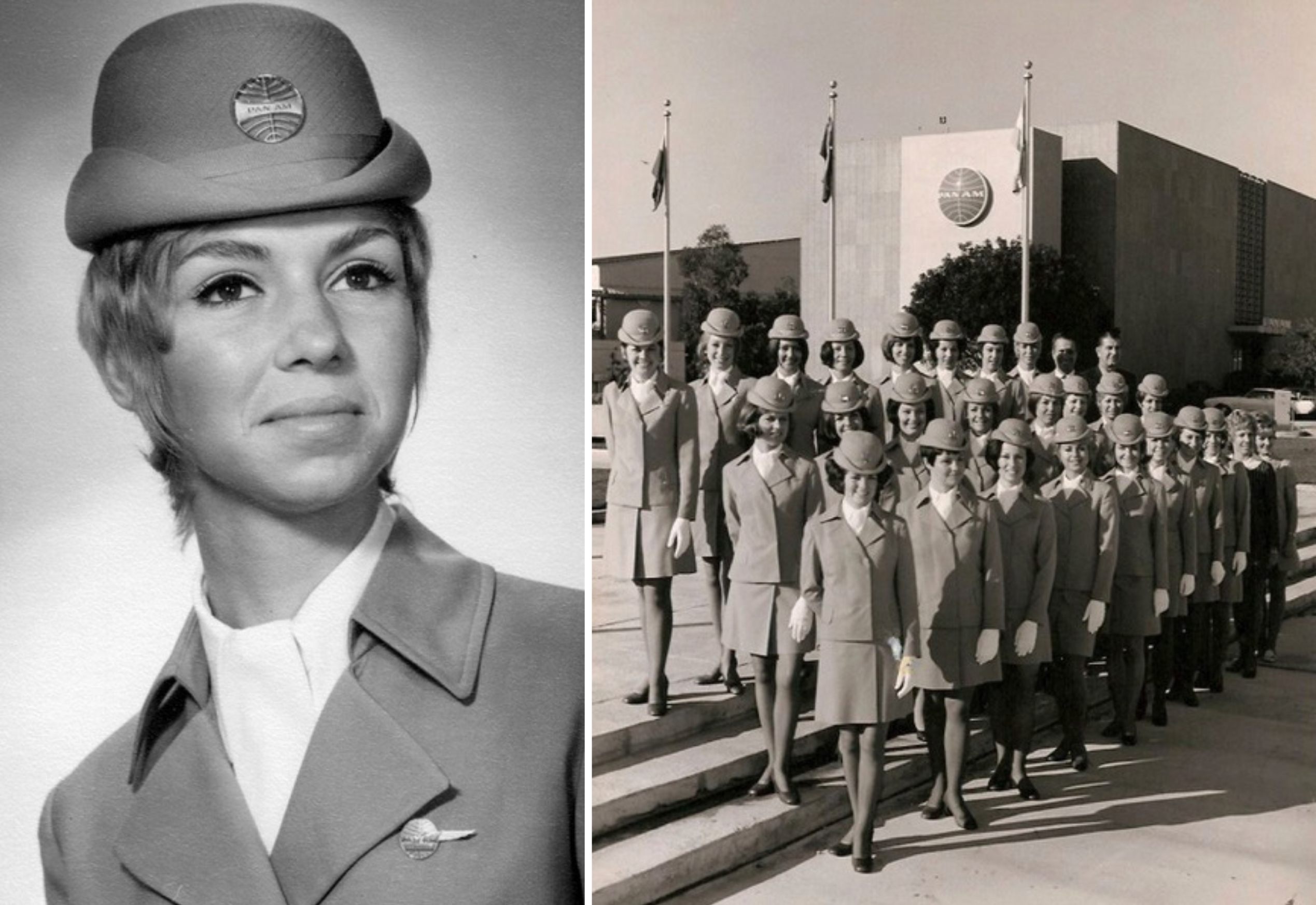 From left: former Pan Am flight attendant Barbara Norberg's graduation portrait; her graduating class.