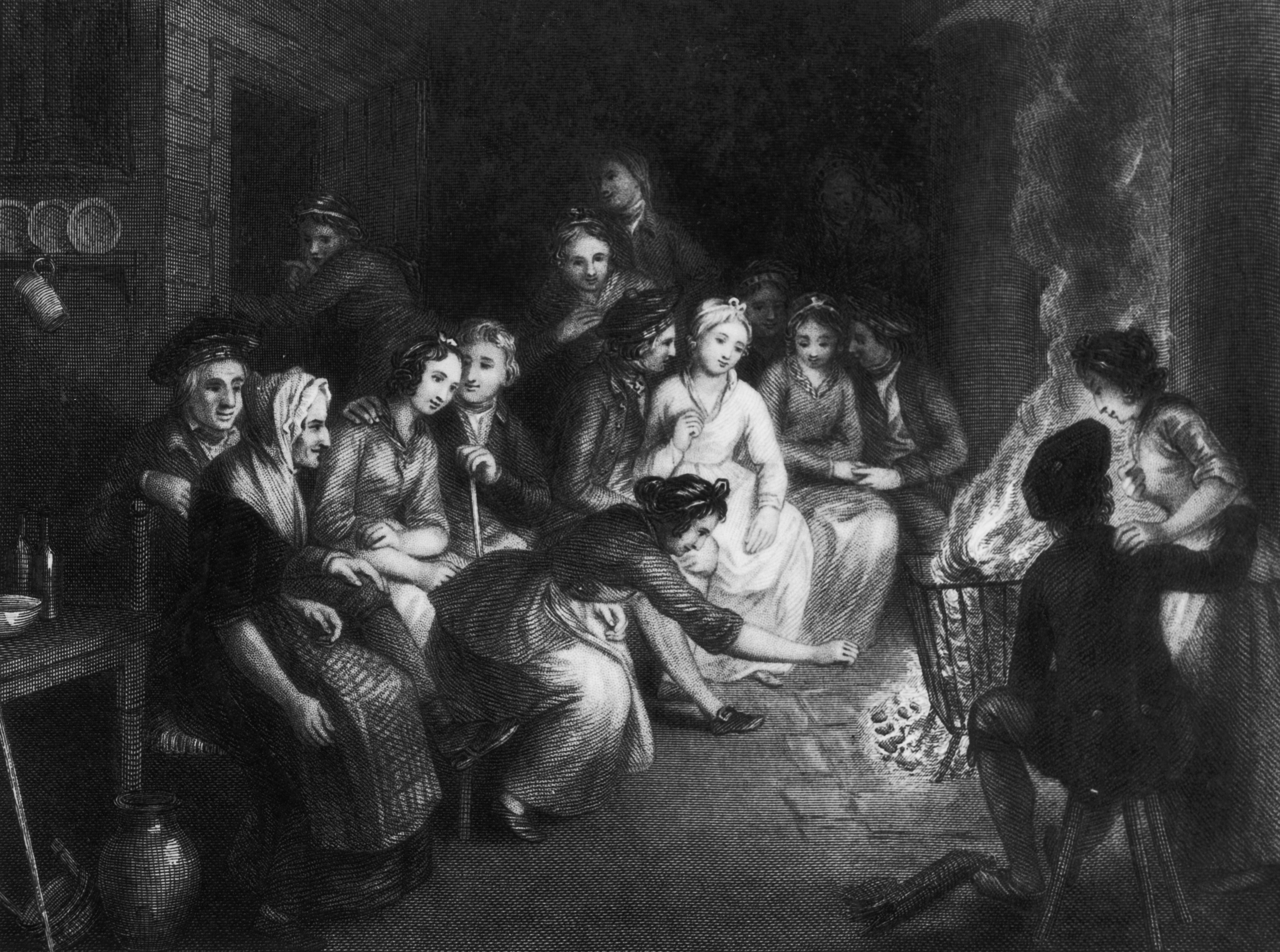 A group of people at a Halloween gathering in Scotland, circa 1780.