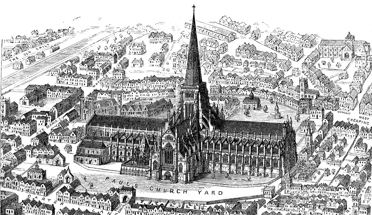 Old St. Paul's Cathedral in London was completed in 1314 and destroyed in the Great Fire of London in 1666. In the early 14th century, religious buildings saw as many murders as taverns.