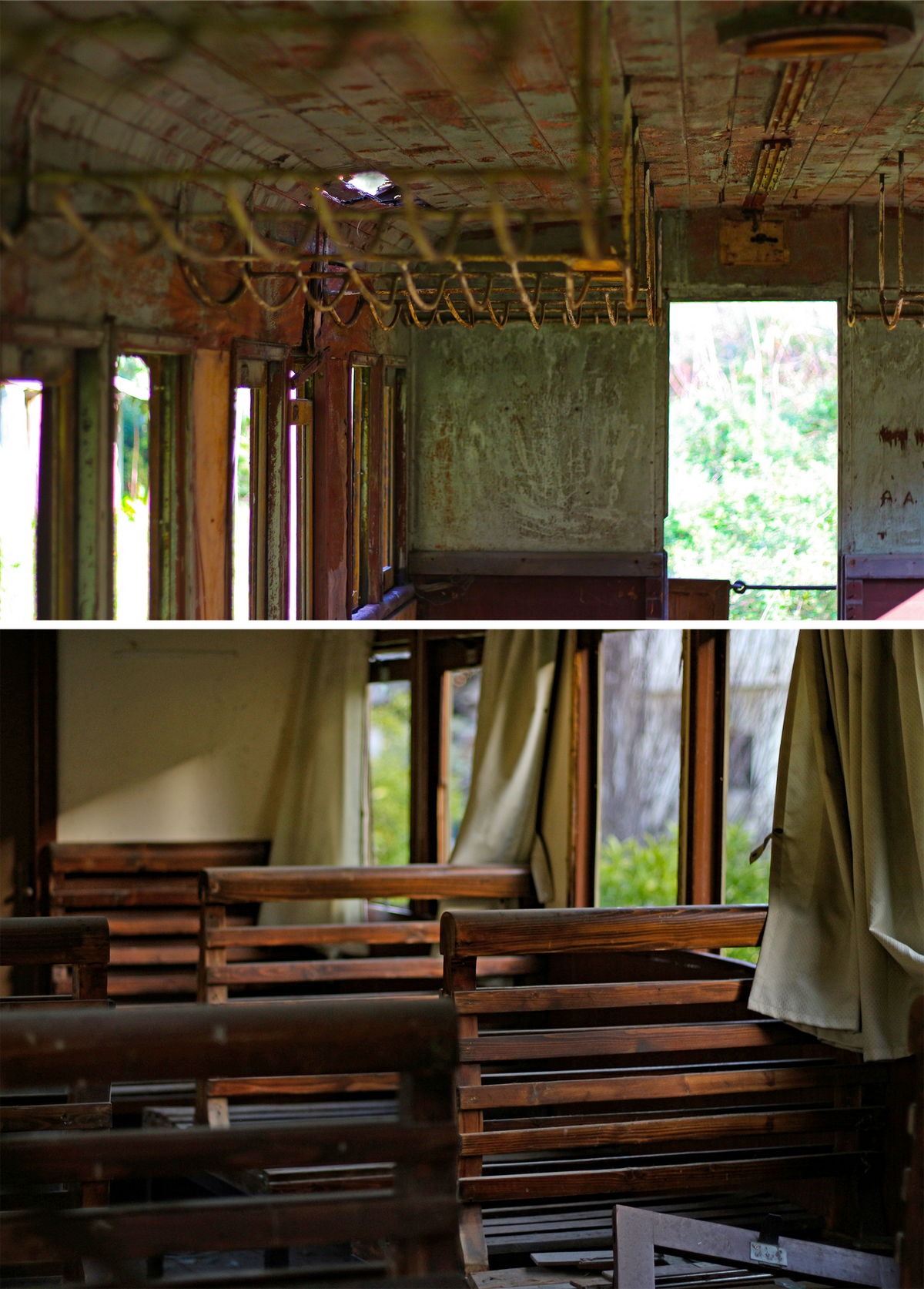 One of one of the more modern trains from the 1960s and 1970s (top); empty benches in an unused passenger car (bottom).