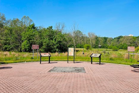 The Curtis Mill Park Plaza. Bricks from the mill's smokestack were used in the plaza's construction.