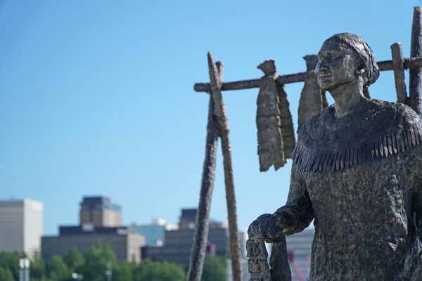 A bronze statue of “Grandma Olga,” an important Dena’ina matriarch, near Ship Creek 