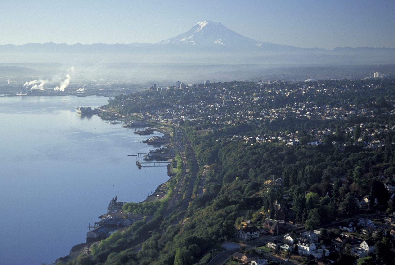 Tacoma, Washington, with Mount Rainier in the distance.