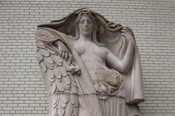 This statue once stood at an entrance to the original Penn Station and was salvaged from a garbage dump.
