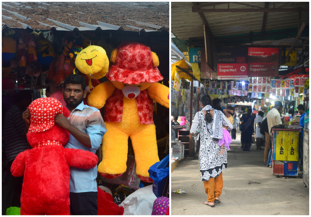 A vendor at Burma Bazaar offers soft toys for sale (left). Advertisements for mobile service providers are splashed across the market's narrow lanes (right).