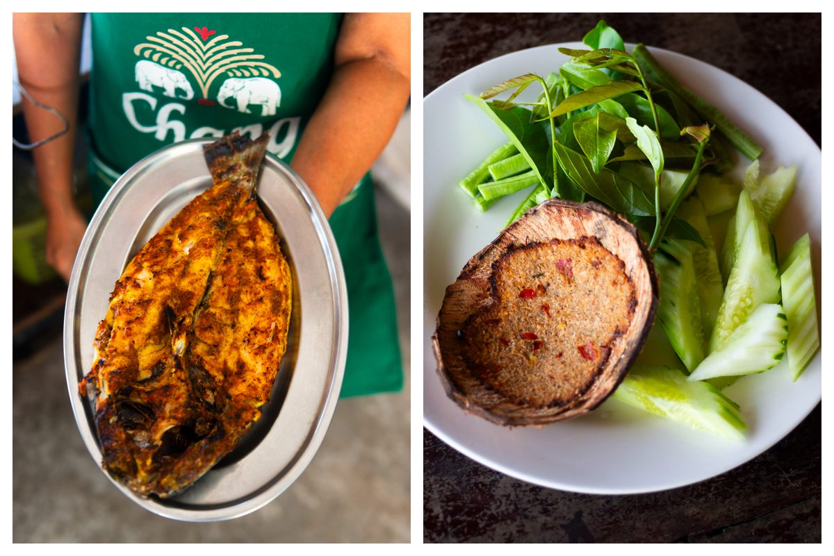 Mullet is rubbed with turmeric and black pepper [left]; crab and shrimp paste grilled in a coconut shell is a specialty at Bangpor Seafood Takho [right].