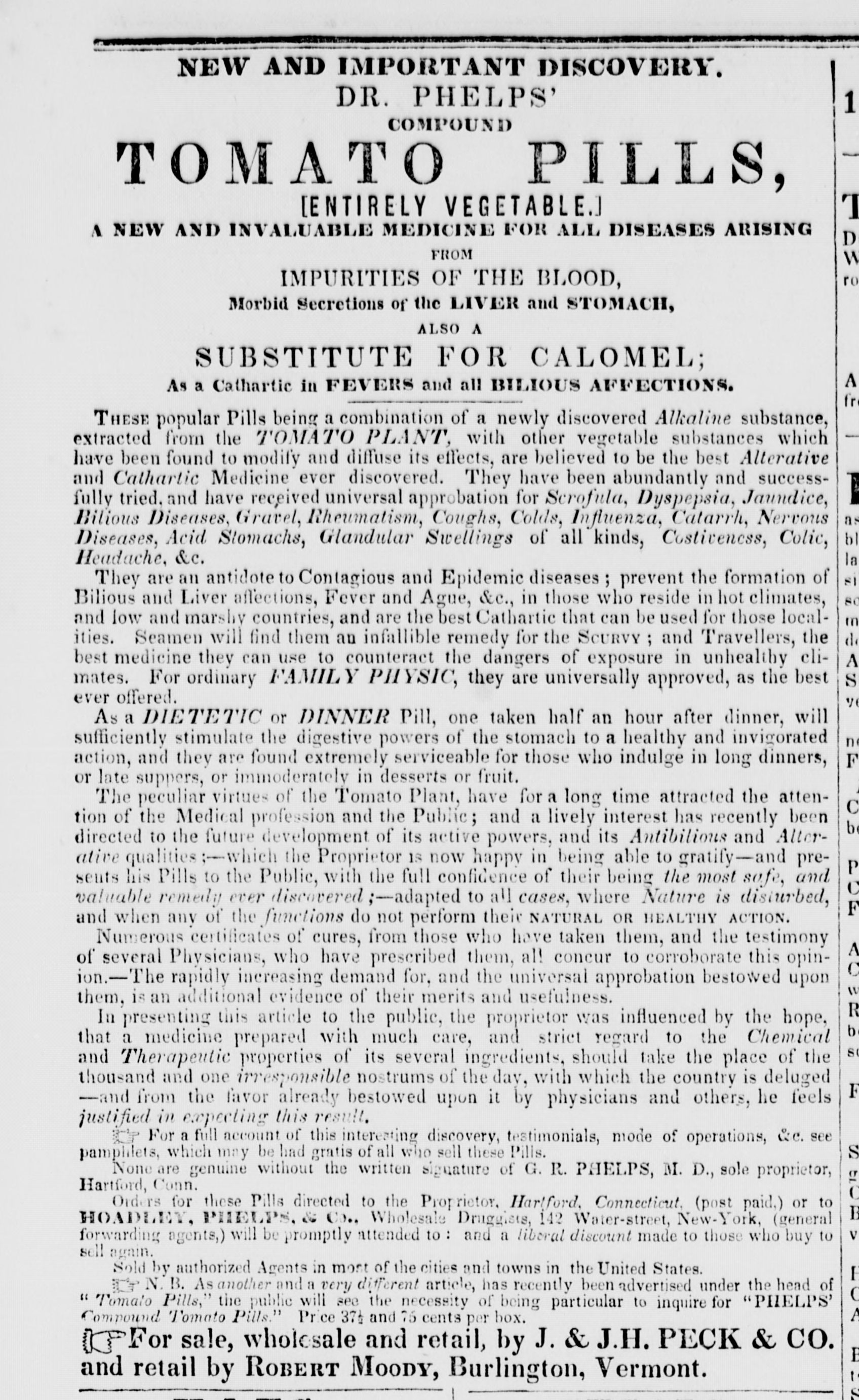 An advertisement for Dr. Phelps' Tomato Pills, from the <em>Burlington Free Press</em>, November 23, 1838.