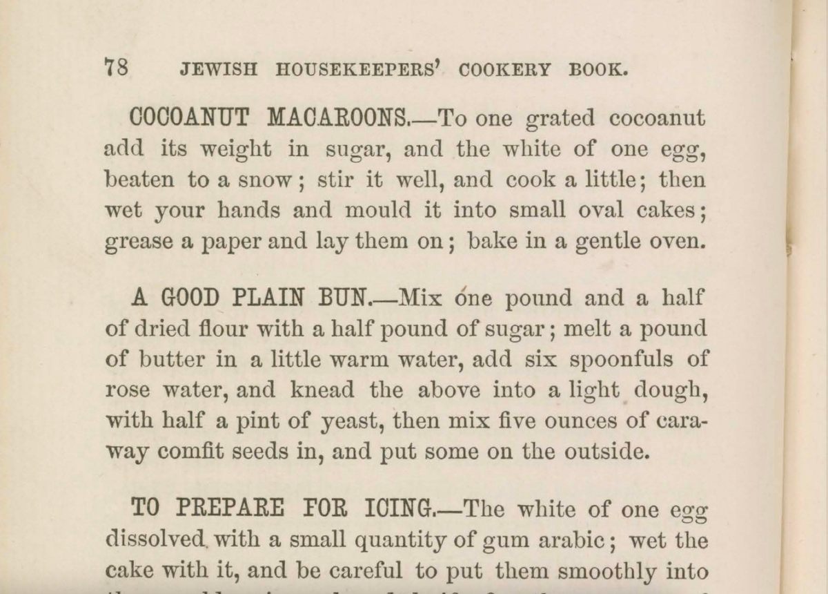 A recipe for coconut macaroons appears in the first Jewish cookbook published in the United States. 