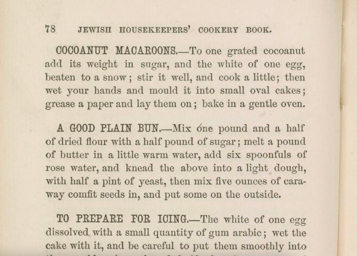 A recipe for coconut macaroons appears in the first Jewish cookbook published in the United States.