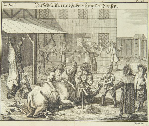 An 18th-century illustration depicting kosher butchering and preparation of food.