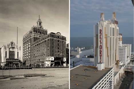 Two historic hotels of very different eras. Left: The Shelburne (torn down in 1984) was a second home to entertainers in pre-casino Atlantic City; Right: Resorts Hotel (opened 1978) was the first legal casino in the US outside of Nevada.