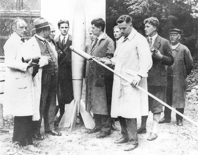 Members of the Society for Space Travel in 1930. Oberth is directly to the left of the rocket.