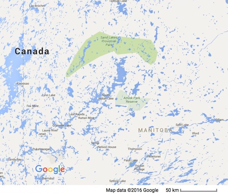 Manitoba on Google, full of nameless blue specks.