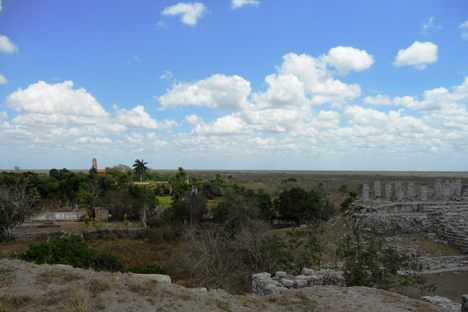 A view of the hacienda from atop a pyramid