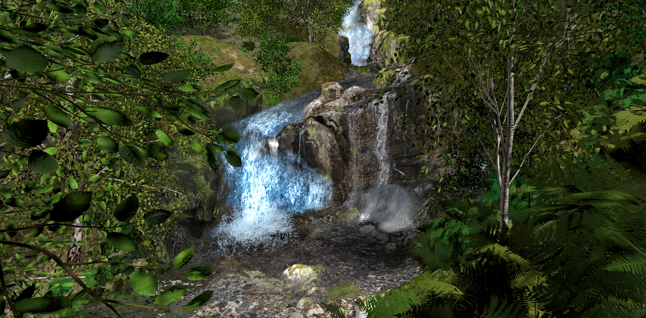 Waterfalls added life to a simulated Scottish landscape. 