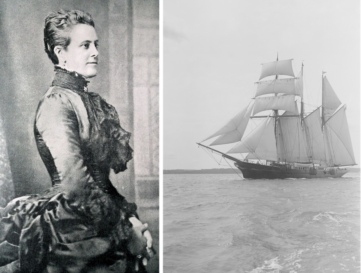 Annie Brassey (left) went around the world on <em>Sunbeam</em>, a three-masted schooner (right) with a steam engine.