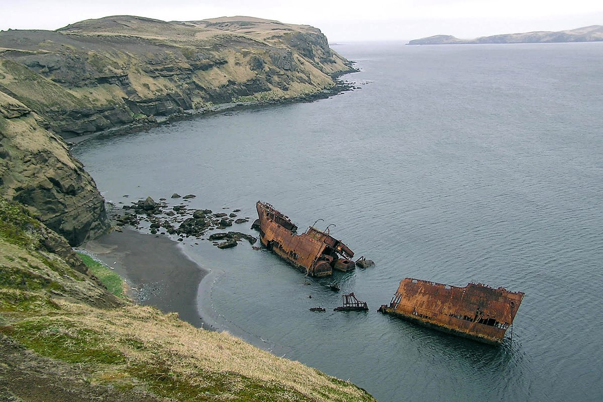 The wreck of a World War II Japanese freighter on Kiska Island.