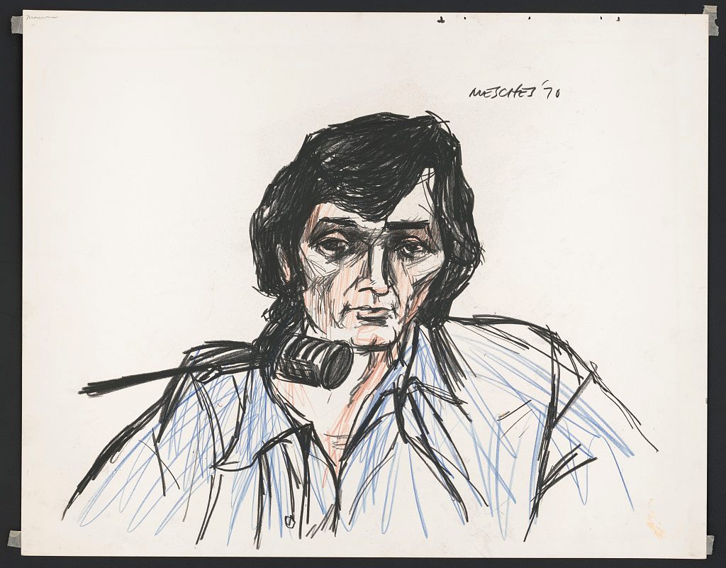 A 1970 illustration by Arnold Mesches shows Charles Manson testifying in court.