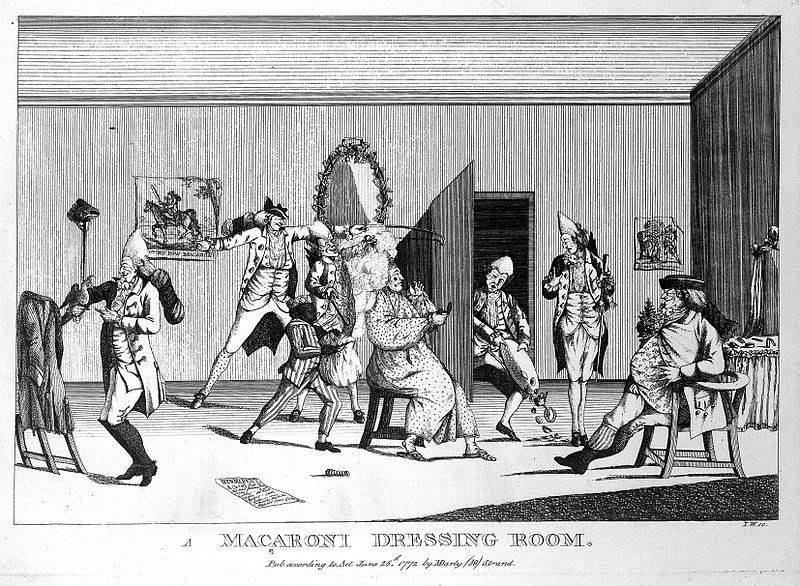 An engraving of a "macaroni's dressing room," from 1772.