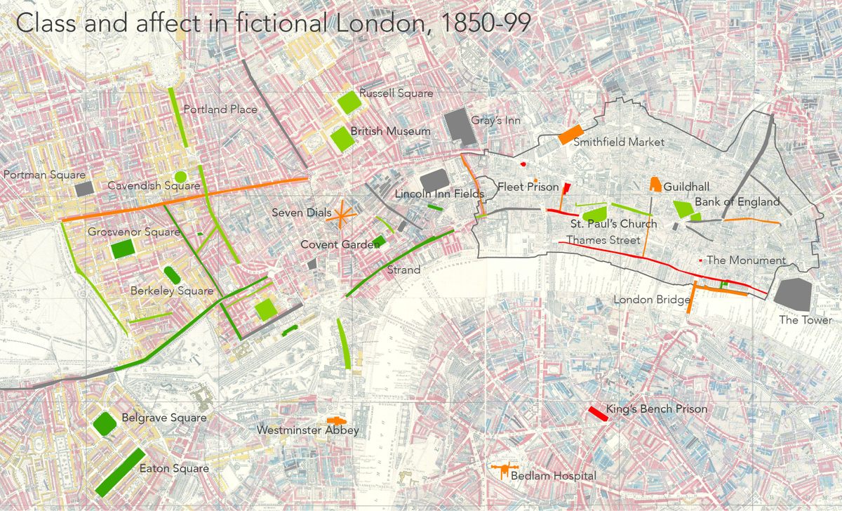 Class and affect in fictional London: red indicates fear, green indicates happiness. On the 1899 map, gold indicates upper-middle and upper classes, red and pink are middle classes, blues are low-income areas and black the “lowest class.”