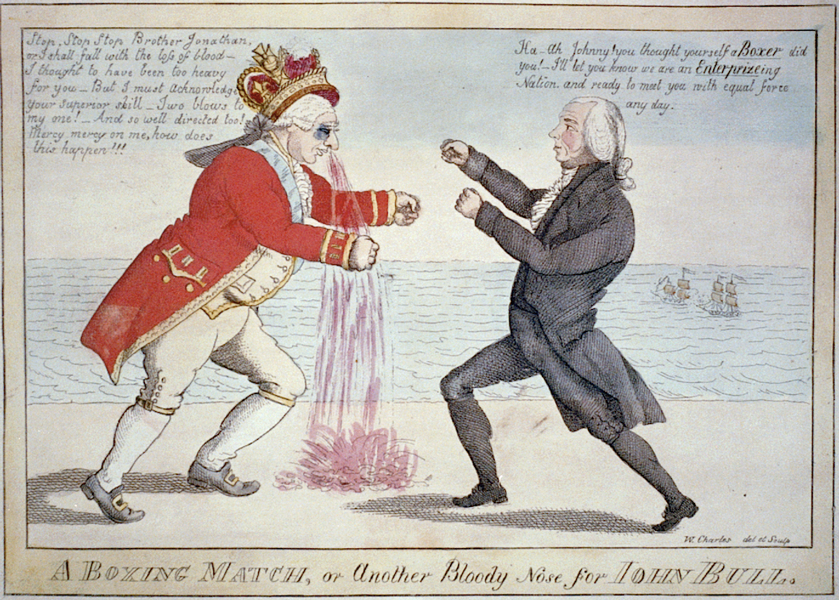 A boxing match between Brother Jonathan and John Bull.
