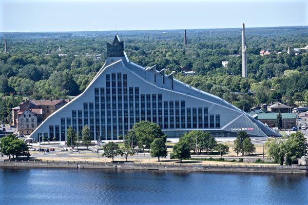 View of the "Castle of Light" from across the Daugava.