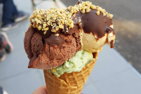 Chocolate, pistachio, and vanilla dondurma.
